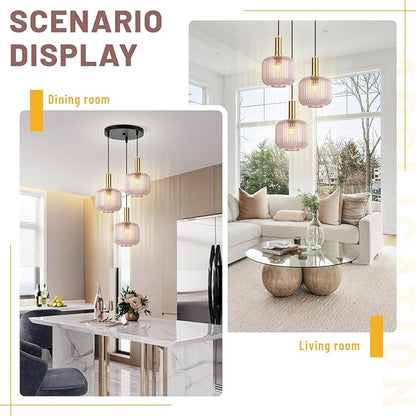 3-Lights Pink Glass Pendant Light with Striped Shade, 59" Adjustable Hanging Chandelier Vintage Industrial Ceiling Light Fixture for Dining Room Living Room Bedroom