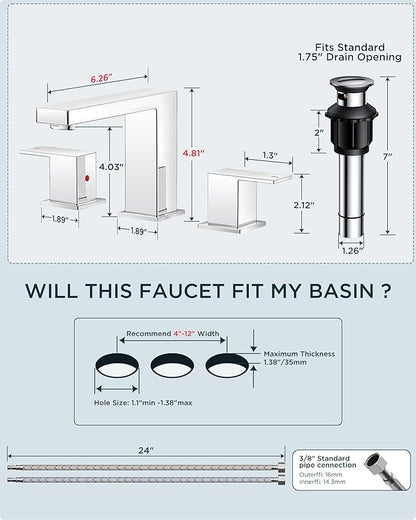 QFN Lead-Free Chrome Bathroom Faucet 3 Hole, Square Bathroom Sink Faucet 8 Inch Widespread, 2 Handle for 6"-12" Vanity Sink with Metal Pop Up Drain and 24" cUPC Supply Hoses