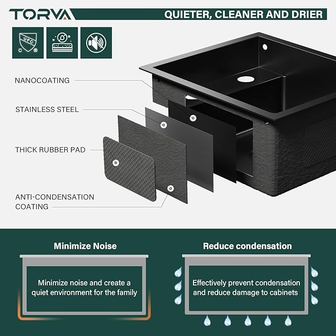 TORVA RV Kitchen Sink, 13 x 15 x 7 Inch Undermount Bar Sink 16 Gauge Stainless Steel Single Bowl Sink with Foldable Faucet Cutting Board, Dark Grey