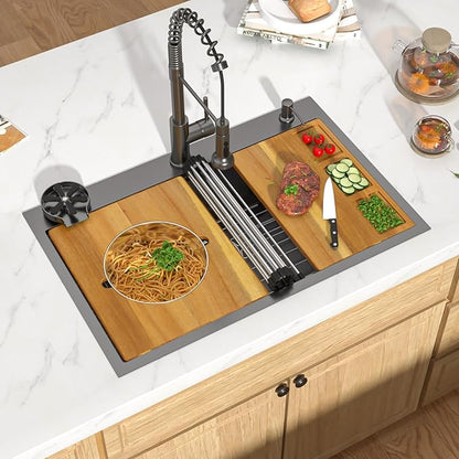 36x22 Inch Drop In Black Kitchen Sink - Workstation 16 Gauge 304 Stainless Steel Single Bowl Handmade Large Two-Holes Sink with Mixing Bowl, Pasta Strainer, and Cutting Board #TLT-0056