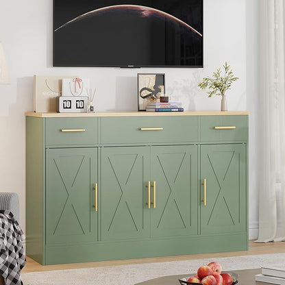 Shintenchi Buffet Cabinet with Storage,53.4" Large Kitchen Storage Cabinet with 3 Drawers and 4 Doors,Wood Farmhouse Buffet Sideboard with Adjustable Shelf for Kitchen Living Room, Green