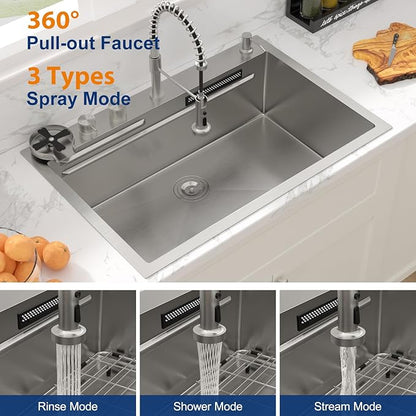 Sarlai Waterfall Kitchen Sink 33 Inch Drop In Kitchen Sink with Waterfall Topmount 16 Gauge Stainless Steel 33x22 Inch Single Bowl Multifuction Workstation Top Mount Sinks with Double Knob