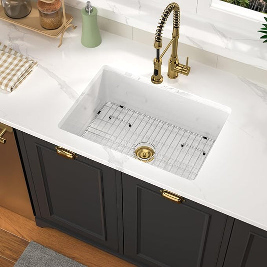 White Undermount Kitchen Sink 27 Inch Fireclay Porcelain Pure White Kitchen Sink 27"x19"x10" Dual Mount Single Bowl Glossy - Gold Drain