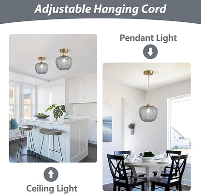 KCO Lighting Mid Century Modern Globe Hanging Light Brushed Gold Pendant Light Fixture Small Smoked Glass Pendant Light Vintage Striped Glass Ceiling Light Brass Kitchen Light Fixtures