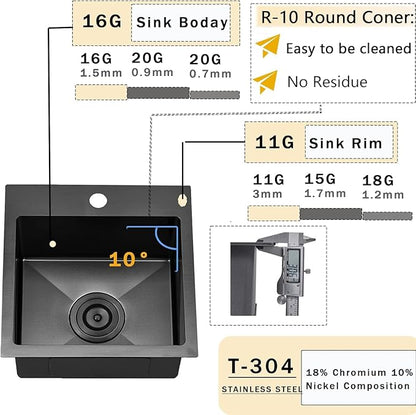 VCCUCINE Gunmetal Black Bar Sink Drop in, 13x15 Inch Topmount RV Small Kitchen Sink, Handmade Stainless Steel Wet Bar Sink, Outdoor Single Bowl Prep Sink with Dish Grid & Drain