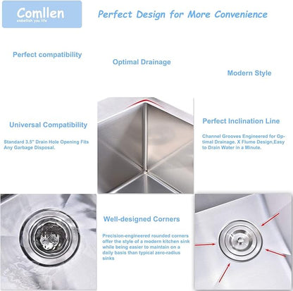 Comllen 28 inch Drop in Kitchen Sink, 28x18 inch Topmount Stainless Steel Sink, 18 Gauge T304 Single Bowl Kitchen With Strainer