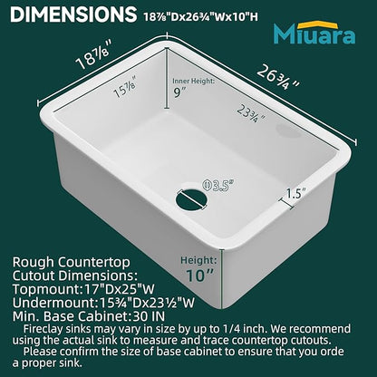 Miuara White Undermount Kitchen Sink 27 Inch - Topmount Fireclay Drop In Sink 27"x19"x10", Dual Mount Heavy Duty Deep Single Bowl, w 2 Accessories, Glossy White, for Kitchen & Laundry & Small Space