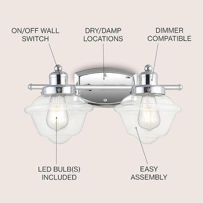 JONATHAN Y 16.75" Chrome Schoolhouse LED Vanity Light, Mid-Century Wall Sconce for Bathroom Kitchen Hallway, Clear Glass Shade, 2700K LED Bulb Included (JYL3531A)