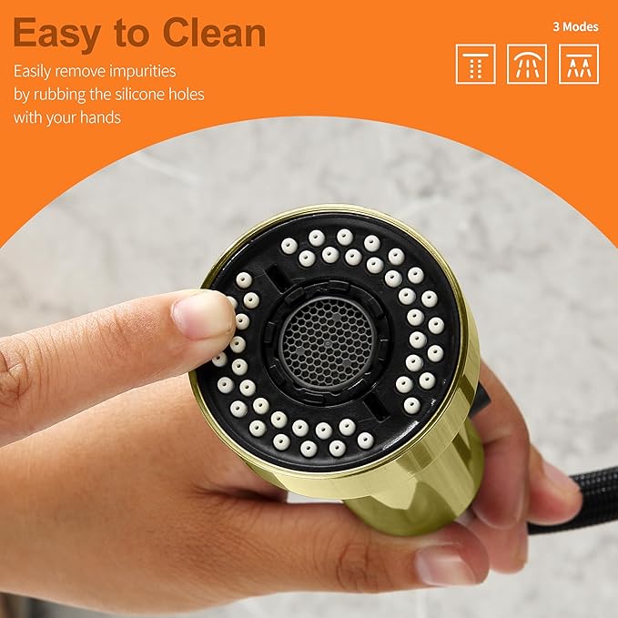 TIORIY Kitchen Faucet Head with 15 Adapters, High Pressure 3 Functions Pull Down Kitchen Spray Head Replacement, Pull Out Kitchen Sink Sprayer Nozzle, Brushed Gold, ABS