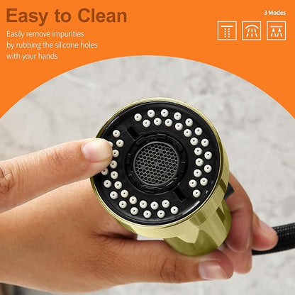 TIORIY Kitchen Faucet Head with 15 Adapters, High Pressure 3 Functions Pull Down Kitchen Spray Head Replacement, Pull Out Kitchen Sink Sprayer Nozzle, Brushed Gold, ABS