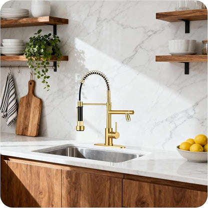 LED Kitchen Faucet with Pull Down Sprayer - Brushed Gold Single Handle Commercial Kitchen Faucets, 2-Spout Kitchen Sink Faucet, Stainless Steel Spring Pull Out Sink Faucet 1/3 Hole