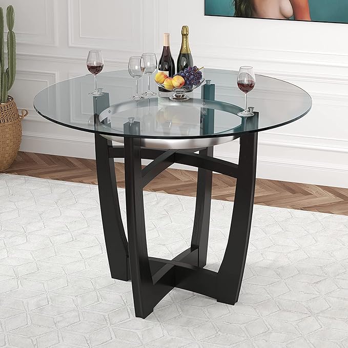 42" Glass Top Round Counter Height Table with Solid Wood Base, 1/2" Thick Tempered Glass, 35.5" High Dining Table
