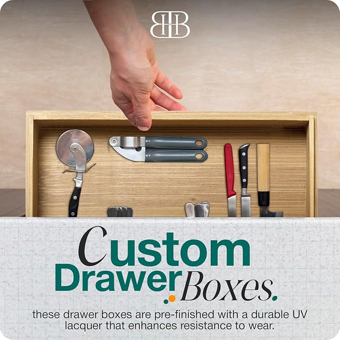 B&B HARDWARE Drawer Organizer – Customizable Pull-Out Storage for Kitchen & Pantry Cabinets – Drawer in UV-Lacquered Birch or Particleboard with Vinyl Wrap -