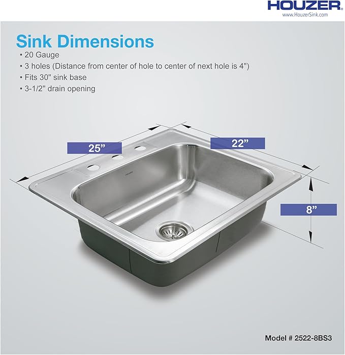 Houzer Stainless Steel 2522-8BS3-1 Glowtone Series Kitchen Sink - 25" Topmount Drop In Multipurpose Sink, Single Bowl Basin, 3 Hole, Ideal for Workstation, RV, Outdoor Kitchen, or Bar