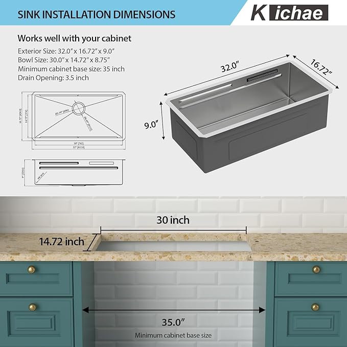 Kichae 32 Undermount Waterfall Kitchen Sink - Undermount Sink 32"x17" Ledge Workstation 16 Gauge Stainless Steel Deep Single Bowl Under Counter Handmade Basin with Wash Basin