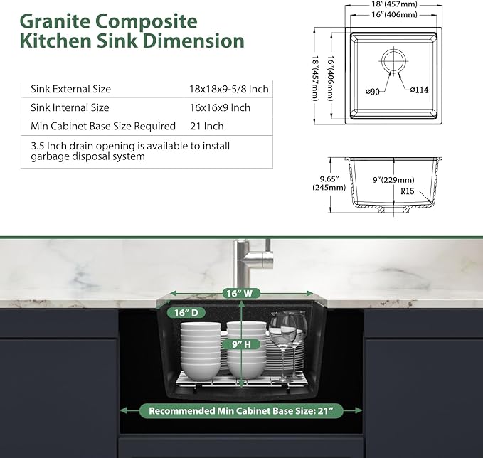 18x18 Outdoor Kitchen Sink Undermount Black Granite Composite Bar Prep Workstation Sink Black Granite Composite Quartz Single Bowl Rv Camper Small Outdoor Sinks with Cutting Board
