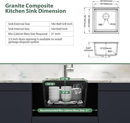 18x18 Outdoor Kitchen Sink Undermount Black Granite Composite Bar Prep Workstation Sink Black Granite Composite Quartz Single Bowl Rv Camper Small Outdoor Sinks with Cutting Board