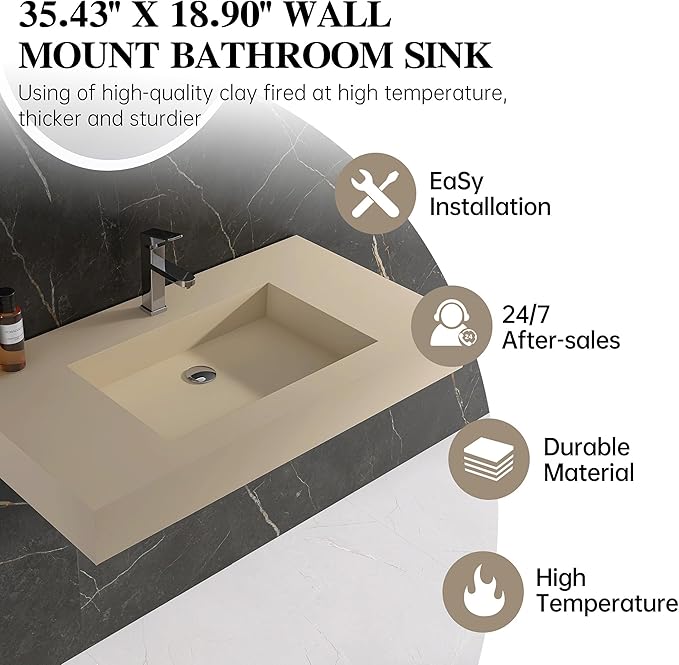 35" x 19" Bathroom Sink with Single Faucet Hole, Stone Resin Wall Mount Sink, Rectangle Solid Surface Vessel Sinks for Bathroom, Floating or Countertop Vessel Sinks, Latte Color