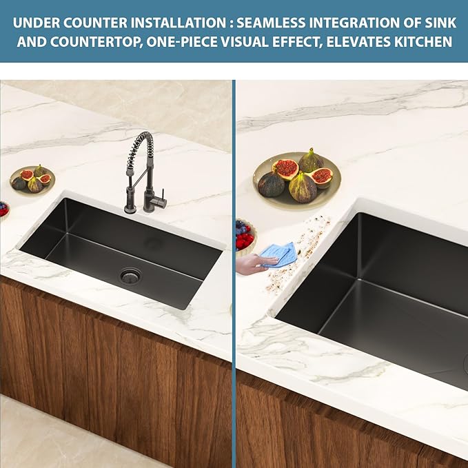 33 Inch Black Undermount Kitchen Sink Single Bowl 18 Guage Stainless Steel 33"x19"x9" Deep Under Counter Kitchen Sinks Basin R10 Round Corners Handmade Sink