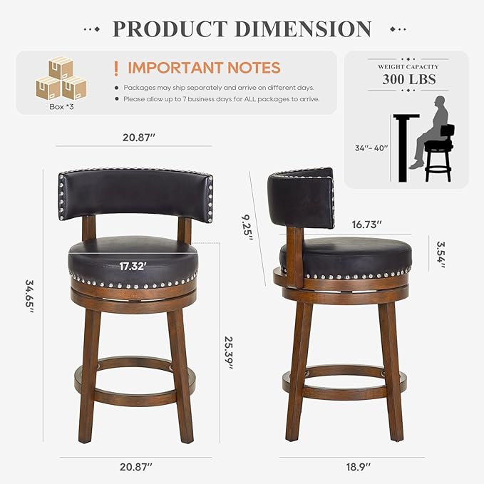 COLAMY Swivel Bar Stools Set of 3, Swivel Counter Height Barstools, 25 Inch Upholstered Barstools for Kitchen Island Dining Room Bar, Dark Brown