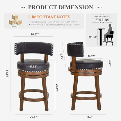 COLAMY Swivel Bar Stools Set of 3, Swivel Counter Height Barstools, 25 Inch Upholstered Barstools for Kitchen Island Dining Room Bar, Dark Brown