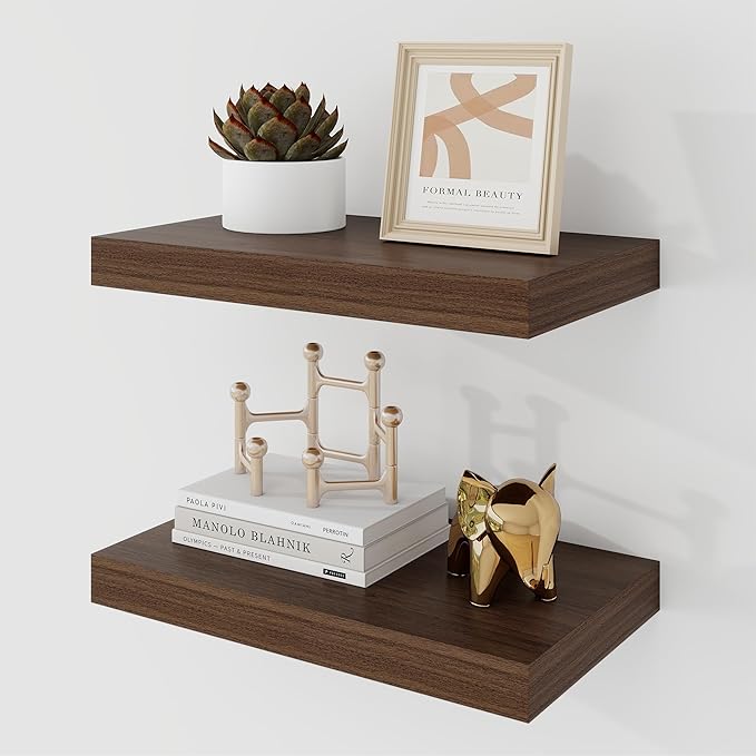 Acovy 16 Inch Floating Shelves, 9.3" Deep Floating Shelf Wall Mounted, 16" Wall Shelves, Rustic Deep Bookshelf, Large Display Shelves & Storage Shelves for Bedroom, Living Room, Walnut, Set of 2