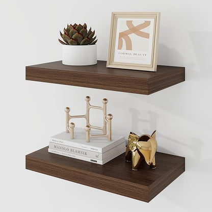 Acovy 16 Inch Floating Shelves, 9.3" Deep Floating Shelf Wall Mounted, 16" Wall Shelves, Rustic Deep Bookshelf, Large Display Shelves & Storage Shelves for Bedroom, Living Room, Walnut, Set of 2