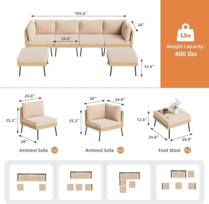Aoxun 6-Piece Patio Furniture Set, Wicker Outdoor Furniture with Water Resistant Thick Cushions, Patio Conversation Set Outdoor Sectional Sofa with Coffee Table for Backyard Poolside, Beige