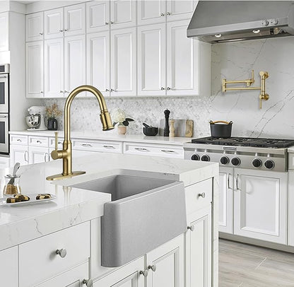 Lava Odoro Curtura Brushed Gold Kitchen Faucet with Pull Down Sprayer, Brass Kitchen Sink Faucet, Single Hole Kitchen Faucet with 3-Function Sprayer, Deck Plate Included, Spot-Free, 1.8GPM, KF421-SG