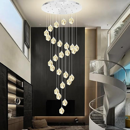 Large Crystal Chandeliers for High Ceiling 135 inches Long Staircase Entrance Chandelier for Foyer Dimmable LED Ceiling Chandelier 26 Light Silver