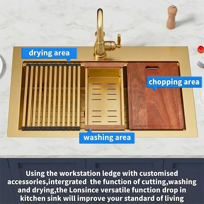 Gold Kitchen Sink 26" X 22",Drop In/Top Mount 16 Gauge Stainless Steel Workstation Sink,Deep & Large Single Bowl Kitchen Sinks (Gold, 26" X 22")