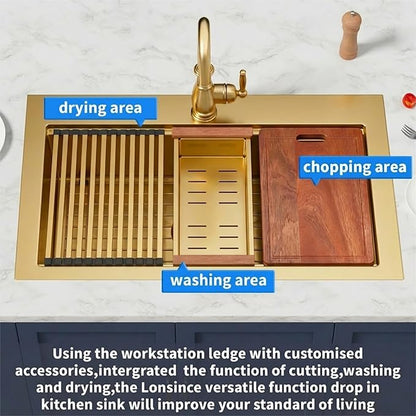 Gold Kitchen Sink 26" X 22",Drop In/Top Mount 16 Gauge Stainless Steel Workstation Sink,Deep & Large Single Bowl Kitchen Sinks (Gold, 26" X 22")