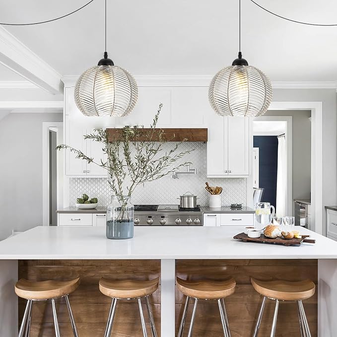 Glass Globe Plug in Pendant Light 7.9″ Clear Ribbed Glass Shade Modern Pendant Light 14.7ft Plug in Cord Vintage Hanging Lights Fixtures Boho Swag Lamp Cord for Living Room Kitchen