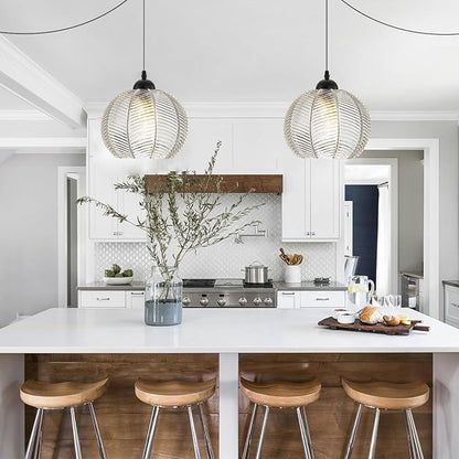 Glass Globe Plug in Pendant Light 7.9″ Clear Ribbed Glass Shade Modern Pendant Light 14.7ft Plug in Cord Vintage Hanging Lights Fixtures Boho Swag Lamp Cord for Living Room Kitchen