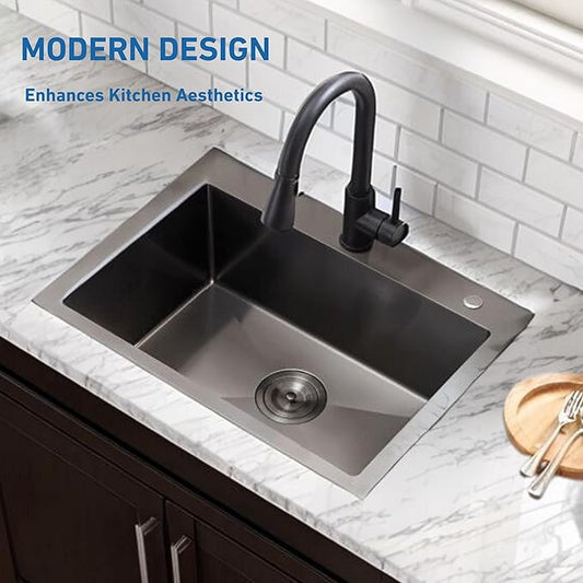24x18 Gunmetal Black Small Kitchen Sink, Drop In 16 Gauge Stainless Steel Single Bowl Sinks, Topmount Wet Bar RV Prep Utility Sink with Drain