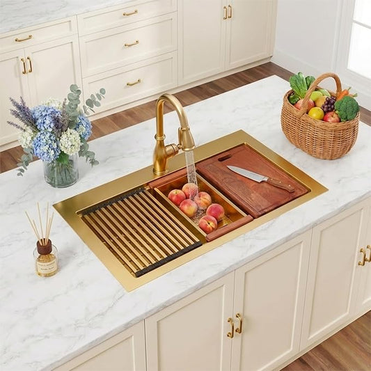 Gold Kitchen Sink 31" X 22",Drop In/Top Mount 16 Gauge Stainless Steel Workstation Sink,Deep & Large Single Bowl Kitchen Sinks (Gold, 31" X 22")