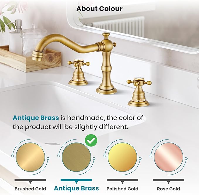 gotonovo Bathroom Faucet 3 Hole 8 Inch Widespread Bathroom Sink Faucet 2 Cross Handles Vintage Lavatory Vanity Mixer Tap with Pop Up Drain, H C Label, Antique Brass