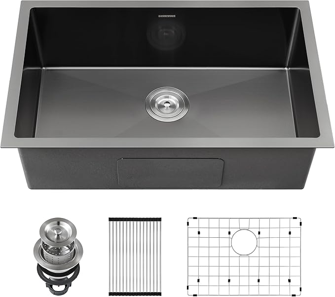 33-inch Black Kitchen Sink Undermount - SINKVINE 33 x 19 inch PVD Nano Stainless Steel Single Bowl Kitchen Sink, with 3.5" Drain Strainer, Bottom Grid Protector, Roll-up Drying Unit, Dark Grey