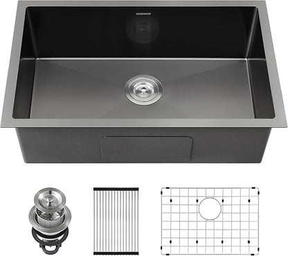 33-inch Black Kitchen Sink Undermount - SINKVINE 33 x 19 inch PVD Nano Stainless Steel Single Bowl Kitchen Sink, with 3.5" Drain Strainer, Bottom Grid Protector, Roll-up Drying Unit, Dark Grey