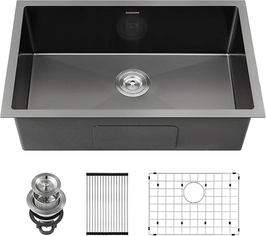 33-inch Black Kitchen Sink Undermount - SINKVINE 33 x 19 inch PVD Nano Stainless Steel Single Bowl Kitchen Sink, with 3.5" Drain Strainer, Bottom Grid Protector, Roll-up Drying Unit, Dark Grey