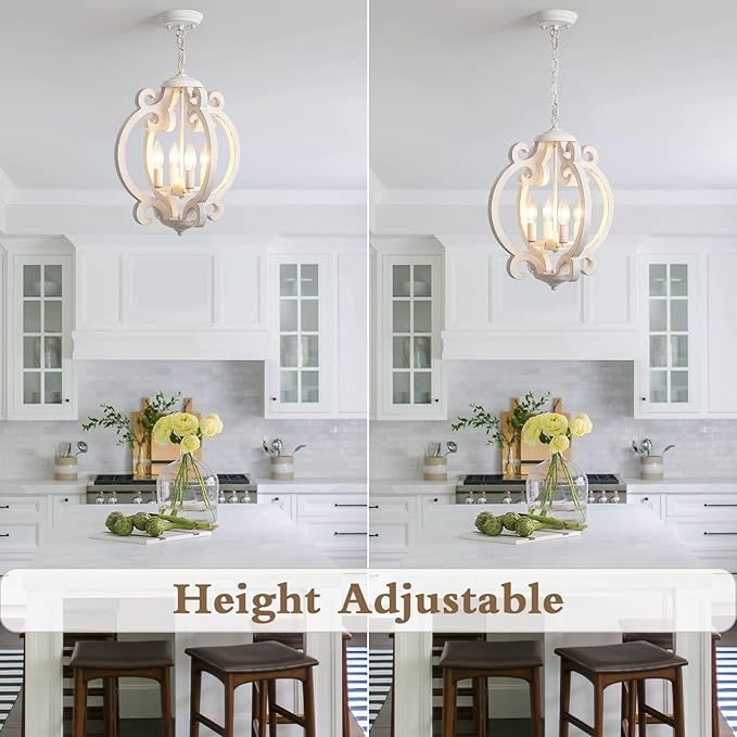 ALISADABOY Dining Room Chandelier Farmhouse Rustic White Wood Light Fixture Antique Orb Pendant Lighting for Kitchen Island Living Room Bedroom Entryway Foyer Staircase, 4 Light