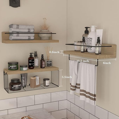 PopiShelves Bathroom Shelves Over Toilet for Wall, Floating Shelves with Storage Basket Paper Holer for Kitchen Living Room, Bedroom & Classroom, Set of 3 (Nature Wood)