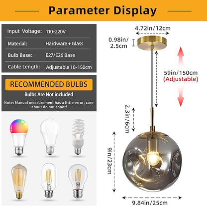 Modern Smoke Gray Concave Glass Pendant Light, 3-Pack Kitchen Island Lighting Single Globe Pendant Light Fixtures Century Kitchen Island Pendant Light for Bedroom Dining Room Light (Without Bulbs)