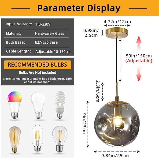 Modern Smoke Gray Concave Glass Pendant Light, 2-Pack Kitchen Island Lighting Single Globe Pendant Light Fixtures Century Kitchen Island Pendant Light for Bedroom Dining Room Light (Without Bulbs)