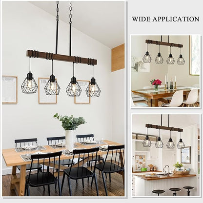 29.5 ‘’ 4-Light Kitchen Chandeliers Over Table, Farmhouse Black Dining Room Light Fixture, Linear Rustic Wood Ceiling Pendant Island Light Fixtures with Metal Lampshade, Height Adjustable