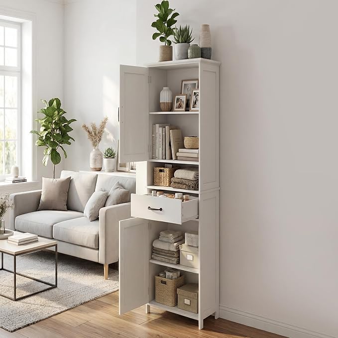 Casaphoria Tall Bathroom Storage Cabinet, 65" H Narrow Floor Cabinet with 2 Barn Doors and 1 Drawer, Freestanding Linen Tower with Adjustable Shelves, Anti-Tipping, White