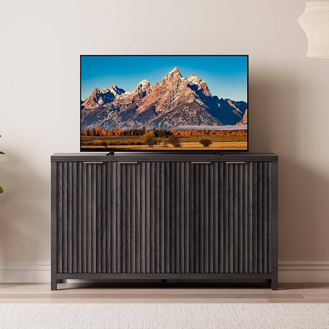 OAKHAM HOME Buffet Cabinet Fluted Sideboard 56" Accent Cabinet with Adjustable Shelves 4 Doors Modern Storage Credenza for Living Room Kitchen Hallway,Black Oak