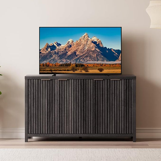 OAKHAM HOME Buffet Cabinet Fluted Sideboard 56" Accent Cabinet with Adjustable Shelves 4 Doors Modern Storage Credenza for Living Room Kitchen Hallway,Black Oak