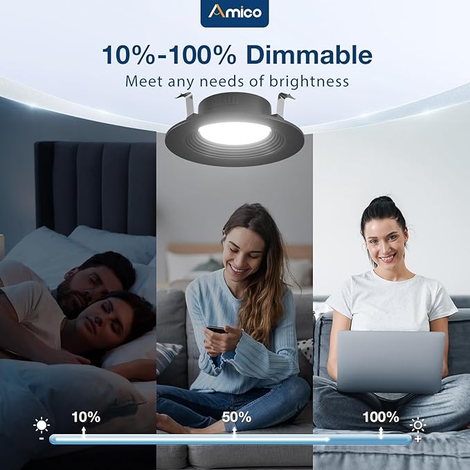 Amico 4 Pack 4 inch 5CCT LED Recessed Lighting, Dimmable, 8.5W=60W, 650LM, 2700K/3000K/4000K/5000K/6000K Selectable, Retrofit Can Lights with Baffle Trim, IC Rated - ETL & FCC, Black
