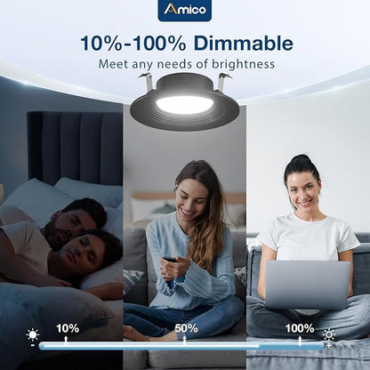 Amico 4 Pack 4 inch 5CCT LED Recessed Lighting, Dimmable, 8.5W=60W, 650LM, 2700K/3000K/4000K/5000K/6000K Selectable, Retrofit Can Lights with Baffle Trim, IC Rated - ETL & FCC, Black